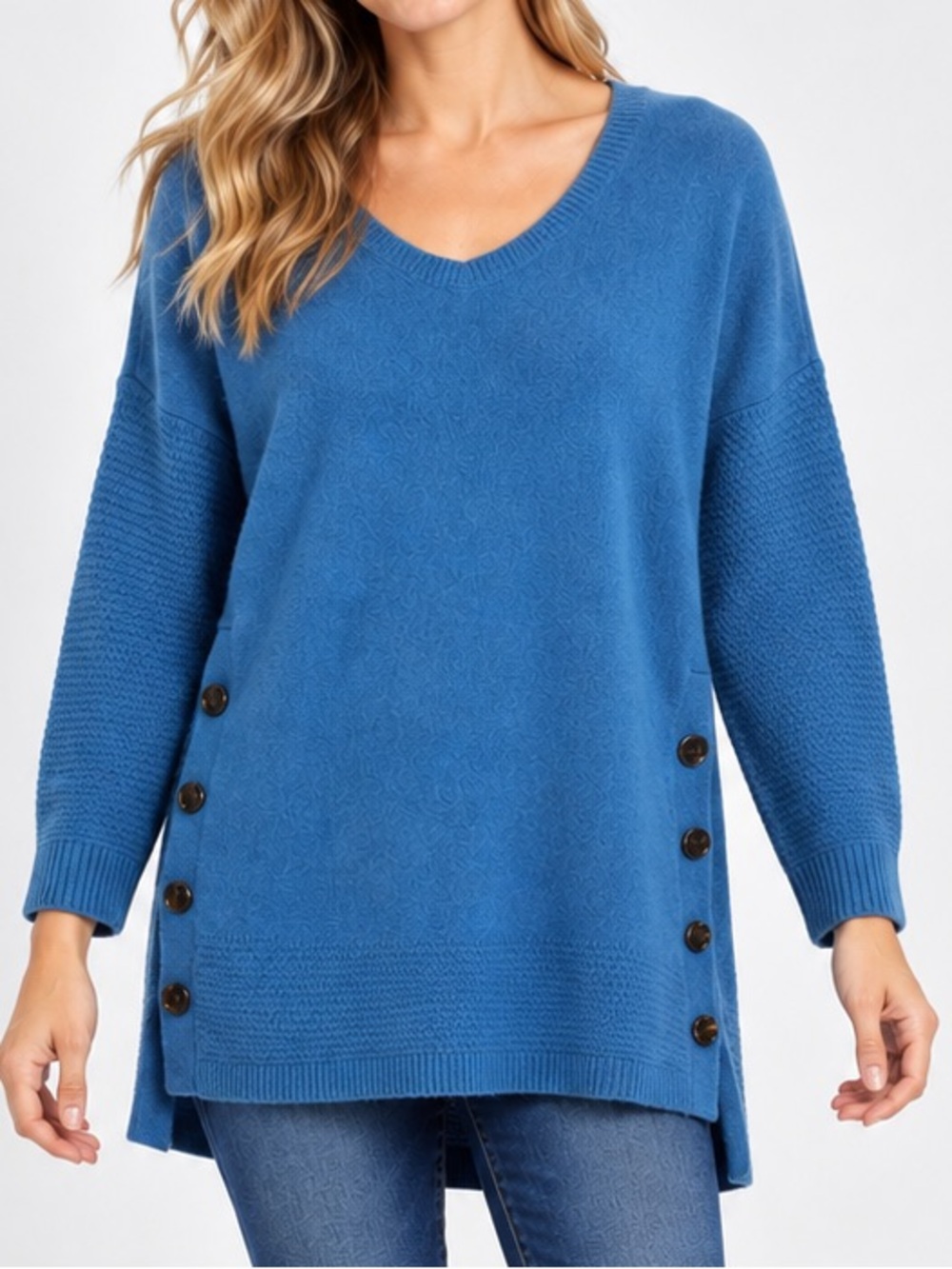Soft Surroundings Cashmere Cozy Blue Ribbed Knit Button Side Sweater Size Large
